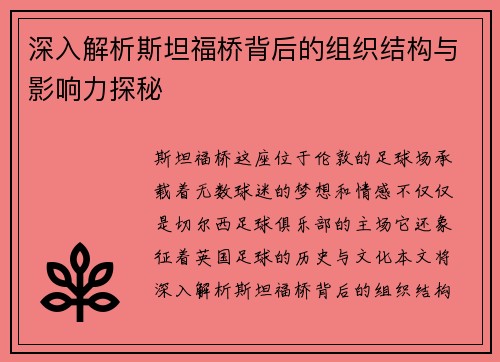 深入解析斯坦福桥背后的组织结构与影响力探秘